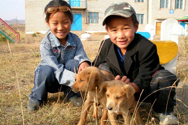 Two mongolian children with their puppies, Zuunmod
